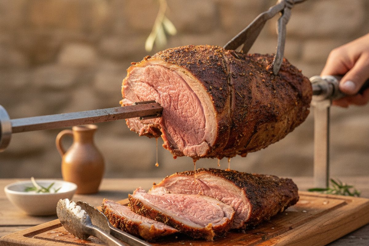 Carved roast lamb lifted from the spit onto a wooden serving board