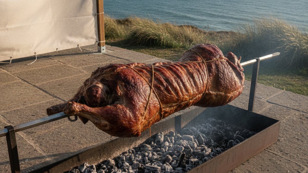 A whole lamb on a spit set up for a function in the Helderberg