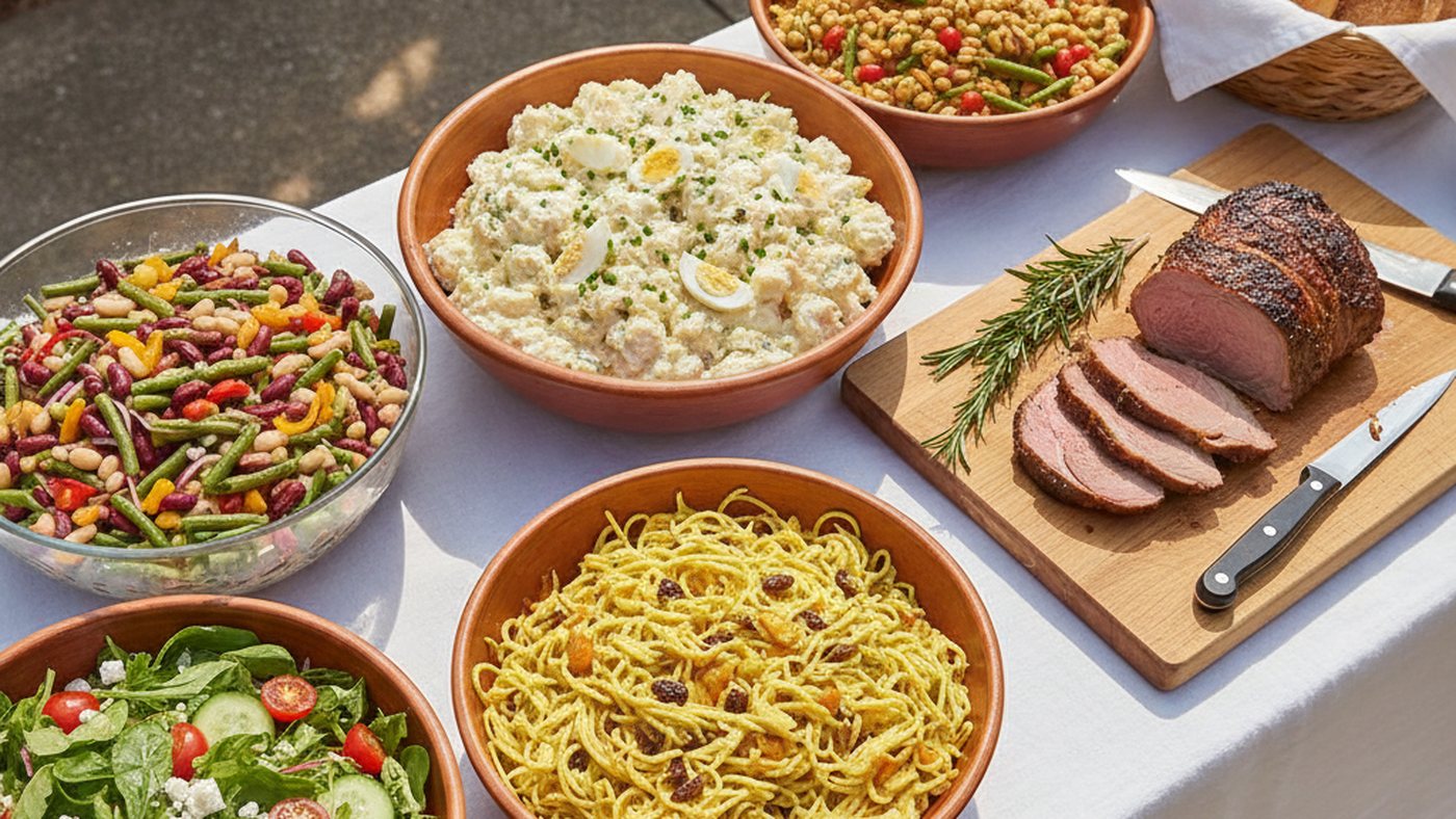 Braai salads, carved lamb and fresh rolls laid out on a catering table